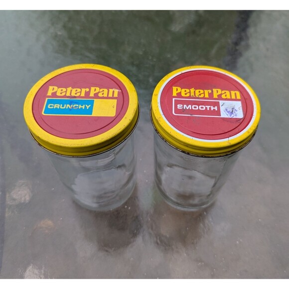 VTG Peter Pan Glass Peanut Butter Jars 80s Matching Creamy Crunchy Retro Yellow - Picture 1 of 10